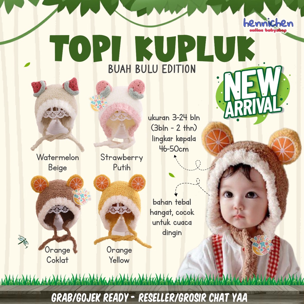 TOPI KUPLUK RAJUT FLEECE HANGAT KUPLUK POM BUAH BULU BAYI IMPORT