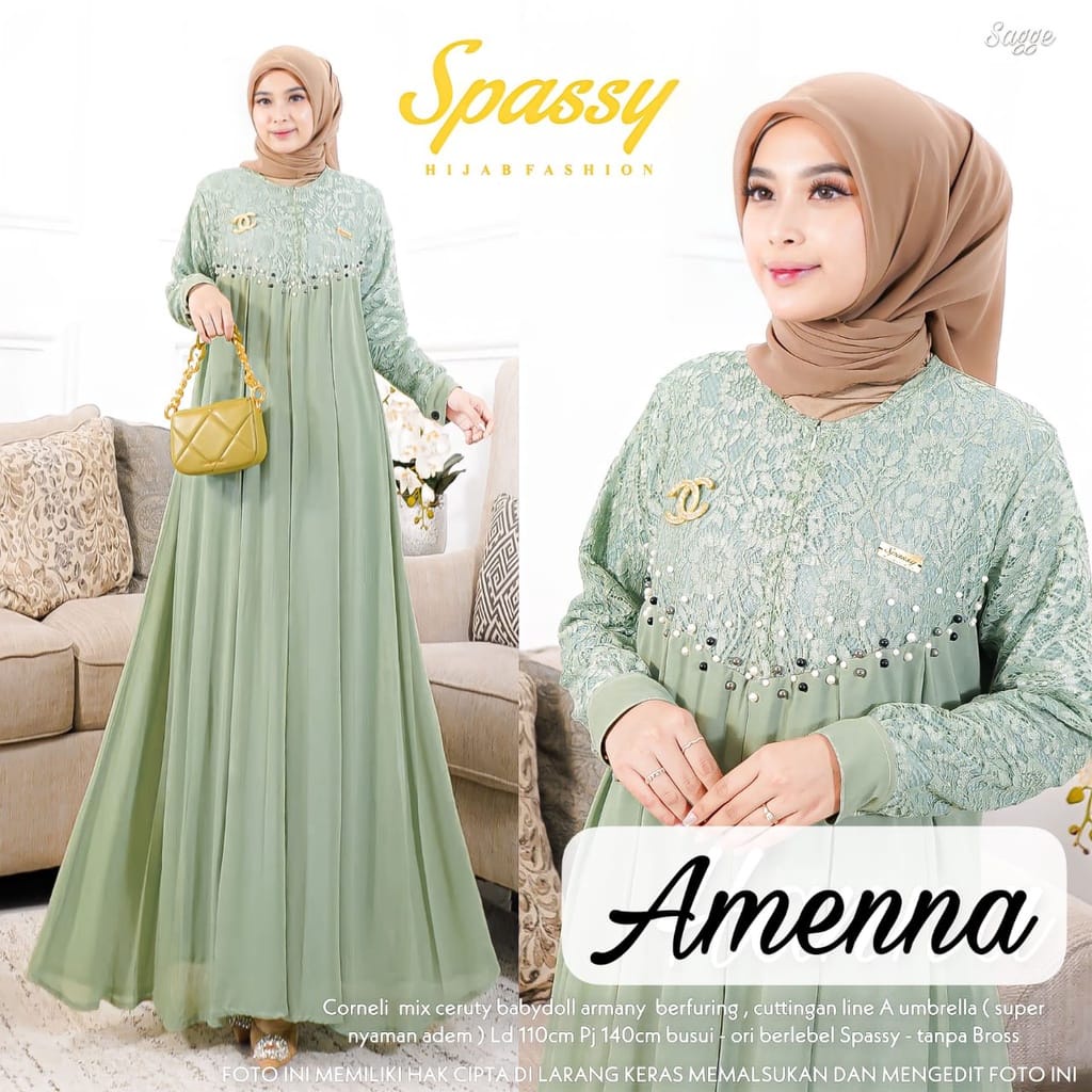 Amenna Dress Wanita Gamis Brukat Baju Kondangan Busana Muslim Wanita Terbaru Gamis Jumbo Ceruty Babydoll Aksen Mutiara