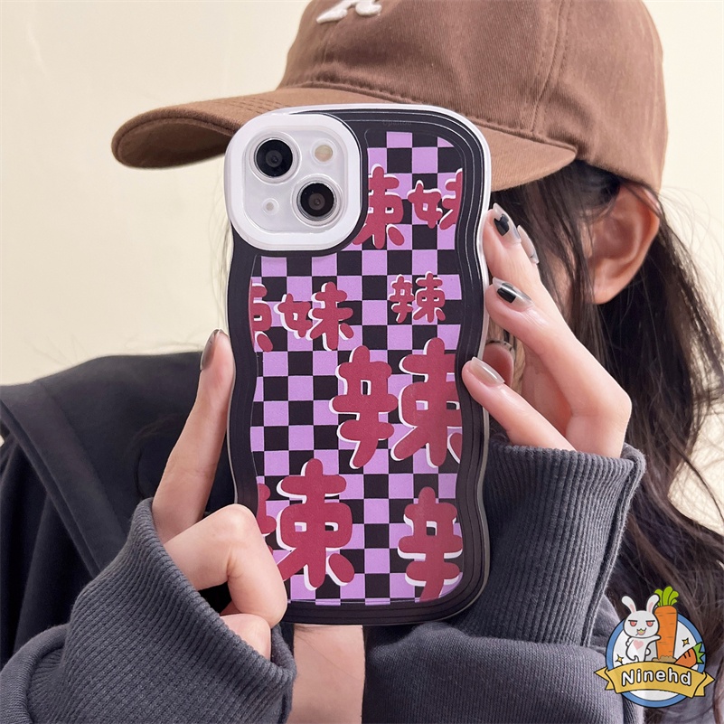 IPHONE Casing Kompatibel Untuk Iphone14 13 12 11 Pro Max X Xr Xs Max8 7 6 6s Plus Ungu Fashion Kotak-Kotak Silikon Soft Case Gelombang Bingkai Shockproof Pelindung Lensa Kamera Phone Case