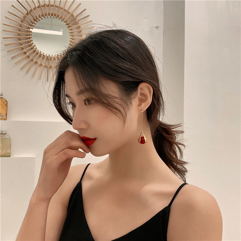 Anting Liontin Bentuk Tetesan Air Korea Anting Tusuk Telinga Panjang Mutiara Elegan/ Aksesoris Perhiasan Anting Geometris Sederhana