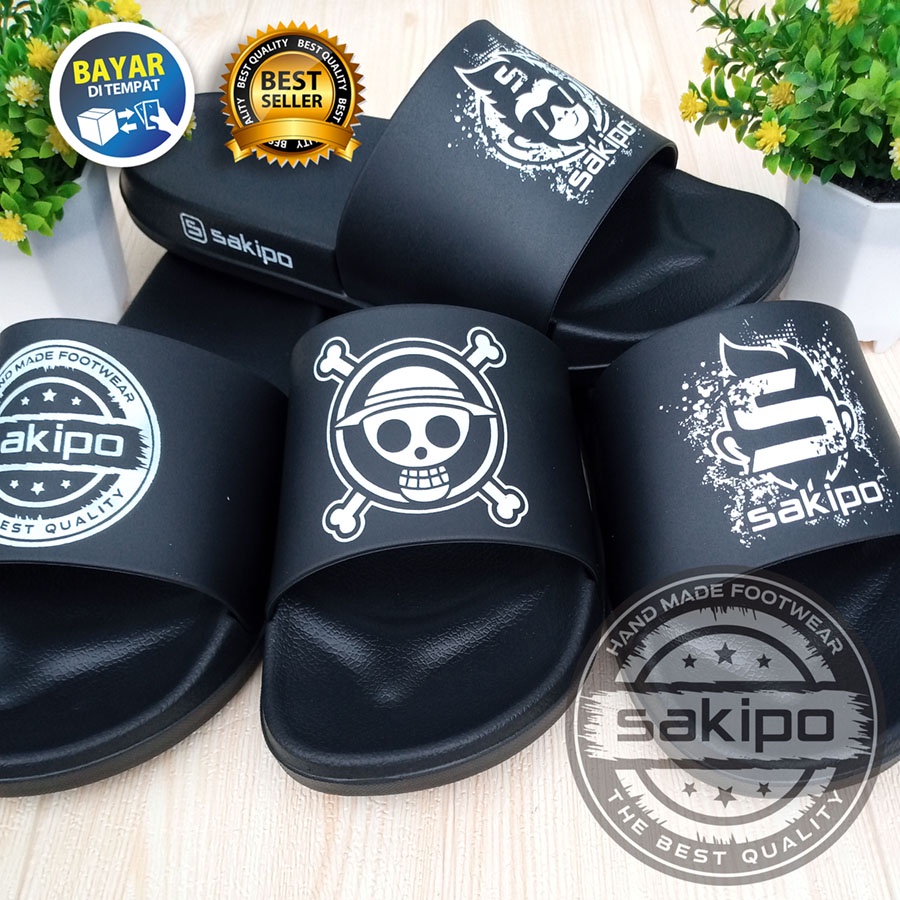 PROMO 1.1 MANTUL SALE !! SANDAL DISTRO KEREN KEKINIAN PRIA DEWASA REMAJA SLIDE HITAM MOTIF TENGKORAK LUFFI ONE PEACE / SAKIPO