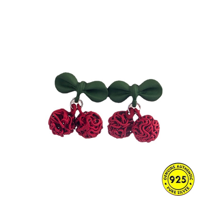 S925 Perak Jarum Busur Merah Cherry Anting Perempuan Gadis Lucu Musim Gugur Dan Musim Dingin Ornamen U1439