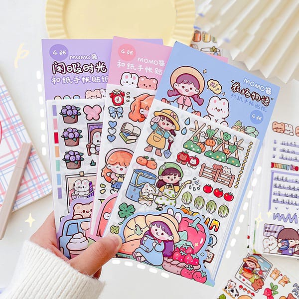

1 SET ISI 4 LEMBAR STIKER CUTE KAWAII MOMO GIRL STICKER AESTHETIC DECO DIY BELUM KISSCUT