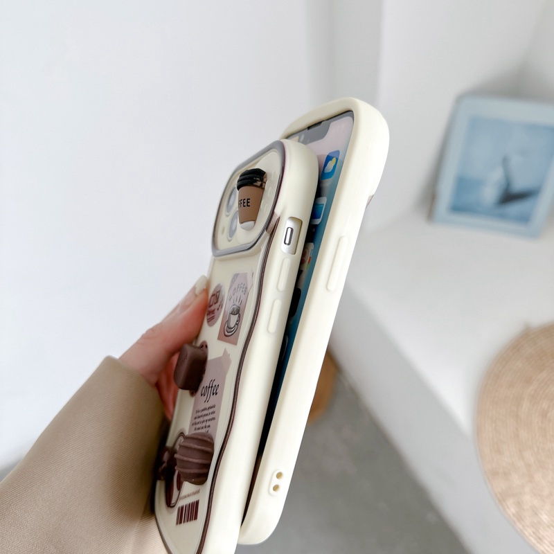 Fashion Coffee Bean Doll Push The Window Cover Soft Case iP iPhone 11 12 13 14 Pro Max + Plus Brown Wavy Casing Apple