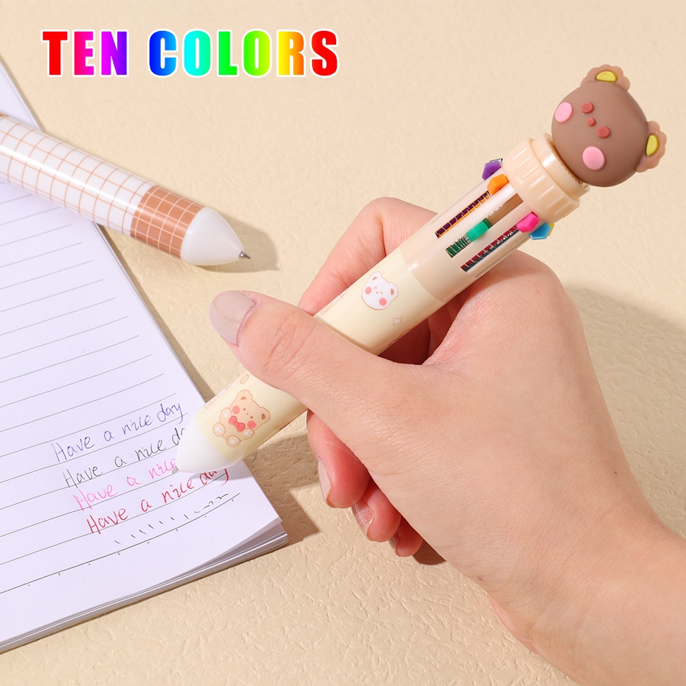 10warna Isi Ulang Pena Gambar Kartun Alat Tulis Alat Tulis Menulis Halus Kepala Beruang Kecil Ballpoint Pen Press-Tipe Pena Grafiti Fashion Kantor Sekolah Supply