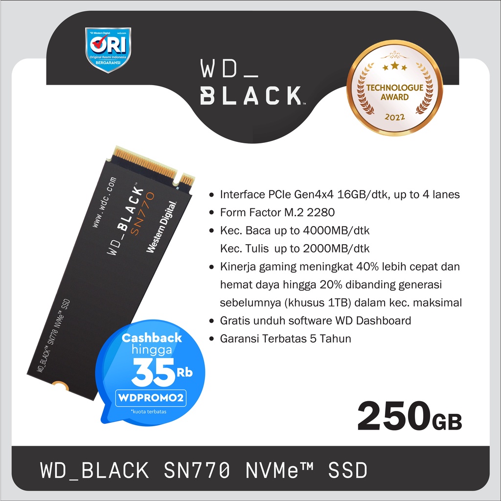 SSD WD Black SN770 250GB M.2 NVMe PCIe Gen4 x4 - WD BLACK SN 770 250GB