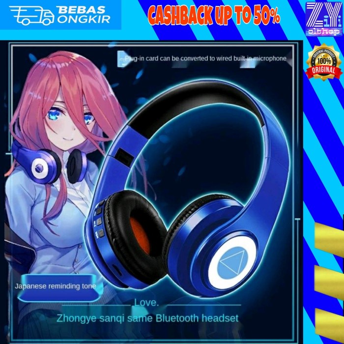 Hef Headphone Bluetooth Anime Miku Nakano Sanjiu Bluetooth 5.0 Full Bass