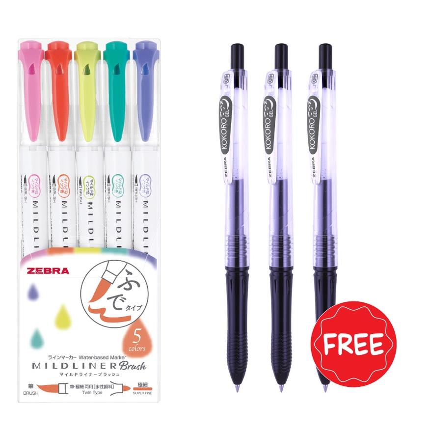 

D94❄ Zebra Mildliner Brush Pen Marker Double Ended set 5 pcs free Kokoro Pulpen 3 pcs SEGERA BELI