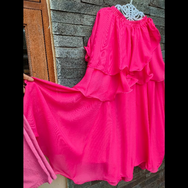 Preloved Rok Cewek Kue Hotpink Ruffle Maxi Skirt Chiffon Rose Hot Neon Pink Nyala Rok Panjang Umpak 