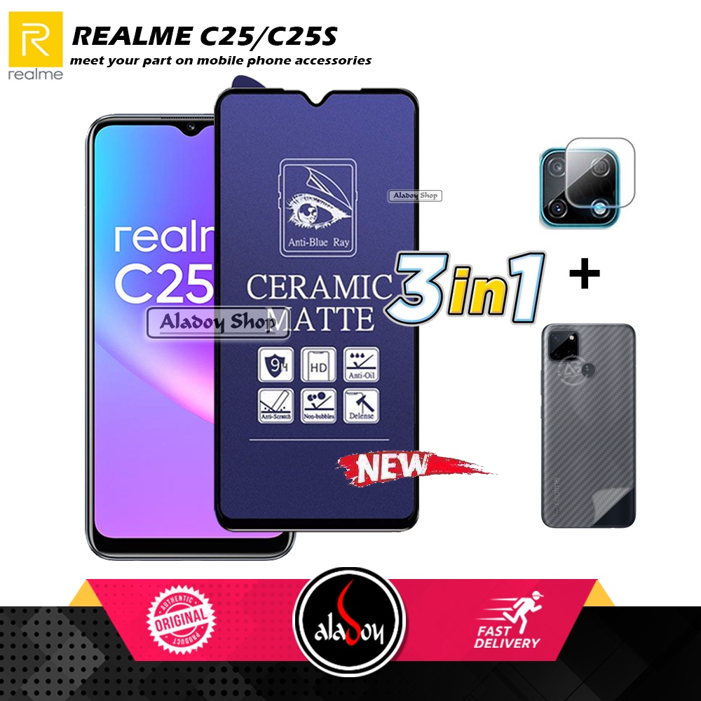 PAKET 3IN1 Anti Gores Blue Matte Anti Glare Realme C25/C25S + Tempered Glass Camera dan Skin Carbon