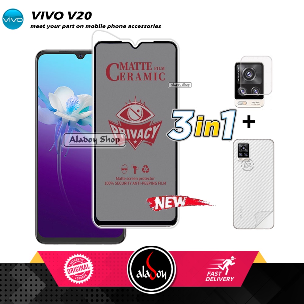 Tempered Glass Anti SPY Vivo V20 Anti Gores Privacy + Tempered Glass kamera dan Skin Carbon