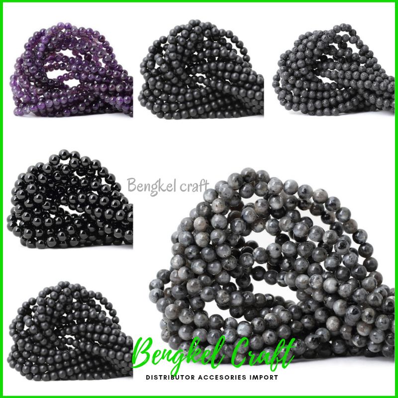 Batu Labrador Bulat Alami Kuarsa Hitam Black onyx 4-10mm