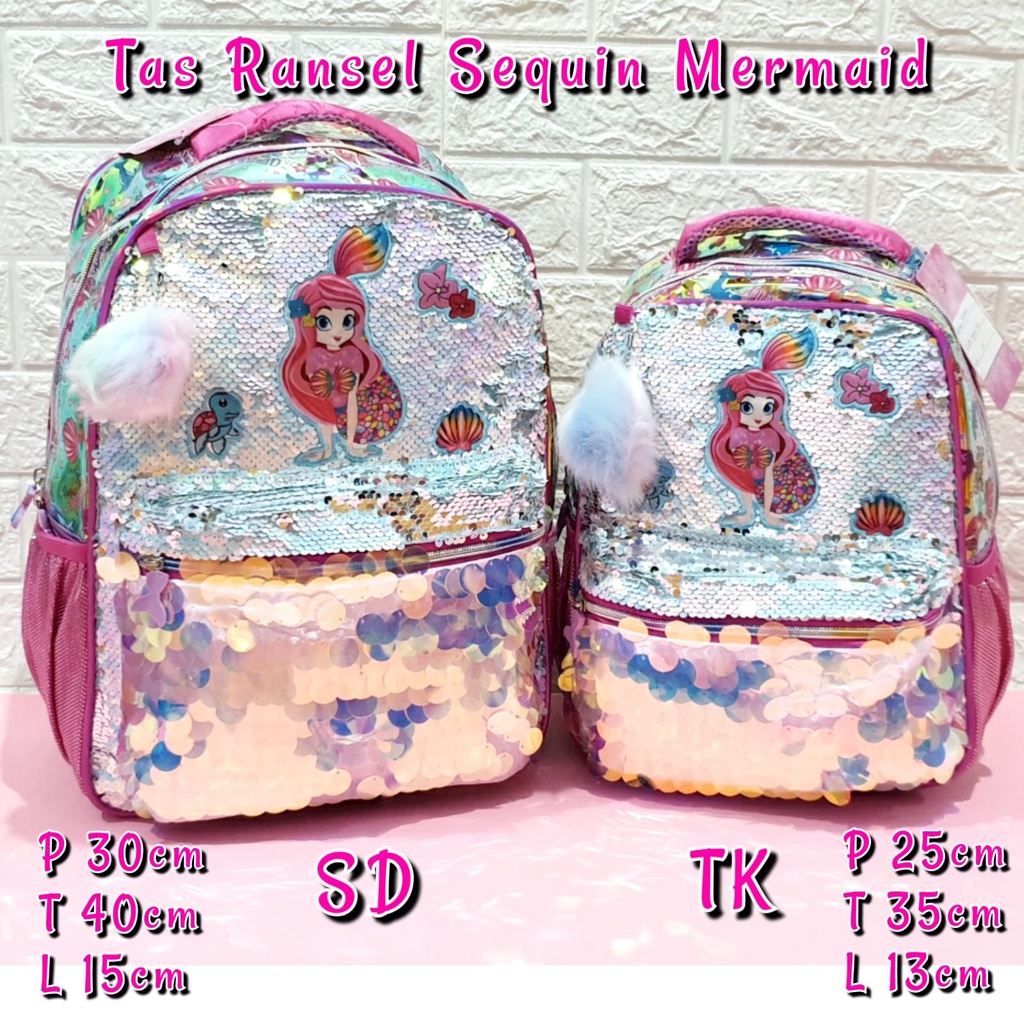 Tas Sekolah Ransel Anak TK dan SD Motif Sequin Koin Gambar LOL dan Mermaid Backpack Anak Perempuan TK dan SD
