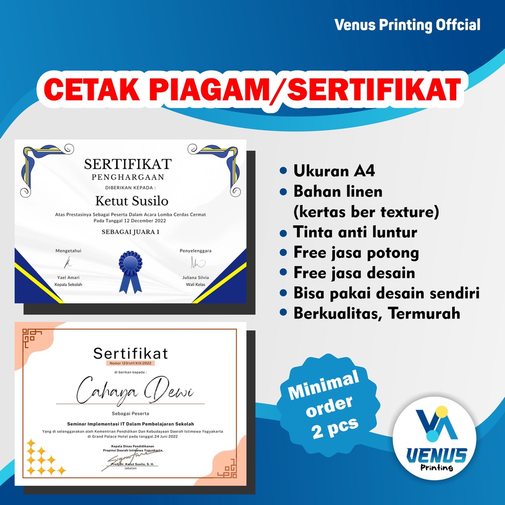 

Cetak Sertifikat A4 Cetak Piagam, Kertas A4 Linen Berkualitas Tinta Anti Luntur Free Desain