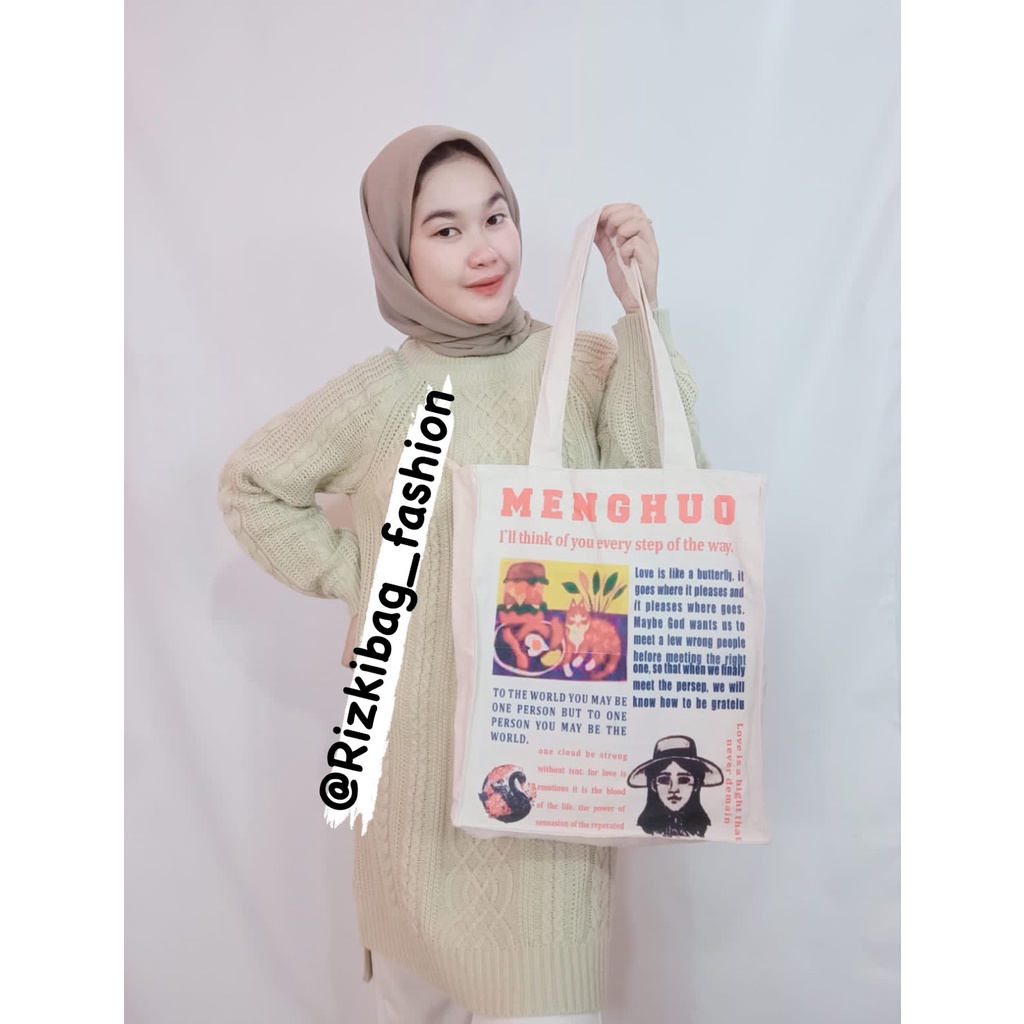 Totebag Kanvas Wanita Pria Aesthestic Menghuo Pakai Resleting