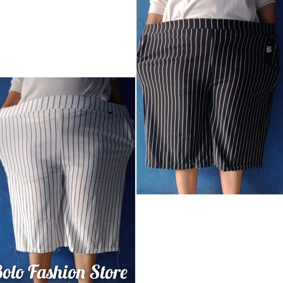 CAF.11De22p ‑ XXXL | Kulot Pendek Super Jumbo BBg+ Motif Salur Hitam Putih Tebal| Big Size Pants | C