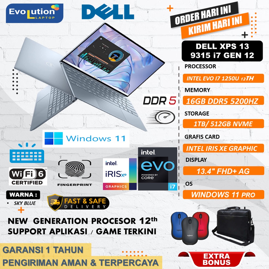 Laptop dell xps 13 9315 Intel Core i7 1250U 16GB 1TB IRIS XE 13.4&quot; FHD+ Windows 11 pro SKY BLUE