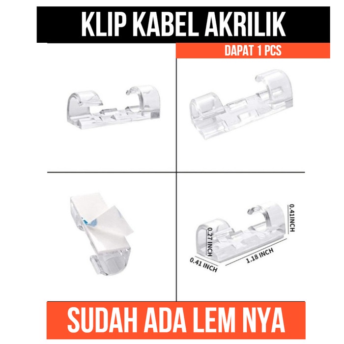Kabel Organizer Akrilik Bening Klip Pengait Penjepit Lem 3M Jepit