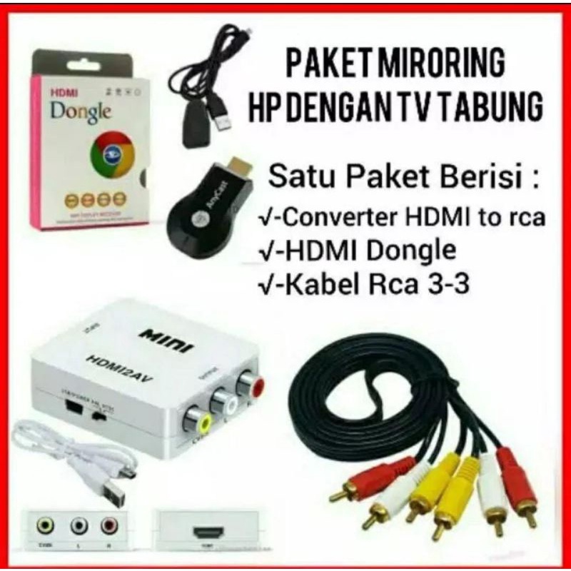 PAKET HDMI DONGLE + RCA AV TO HDMI CONVERTER ADAPTOR + KABEL RCA