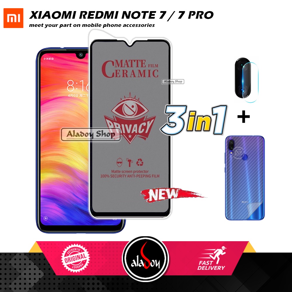 Tempered Glass Anti SPY Xiaomi Redmi Note 7/7 Pro Anti Gores Privacy + Tempered Glass kamera dan Skin Carbon