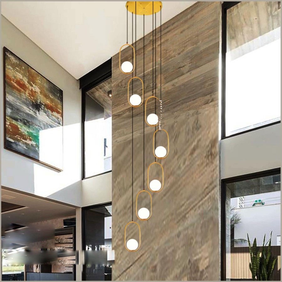 Lampu hias gantung void tangga MODERN MINIMALIS OVAL GOLD susun bola kaca putih susu simple elegan p