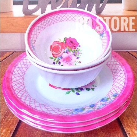 promo 6.pcs piring makan melamine ulir motif rose pink...
