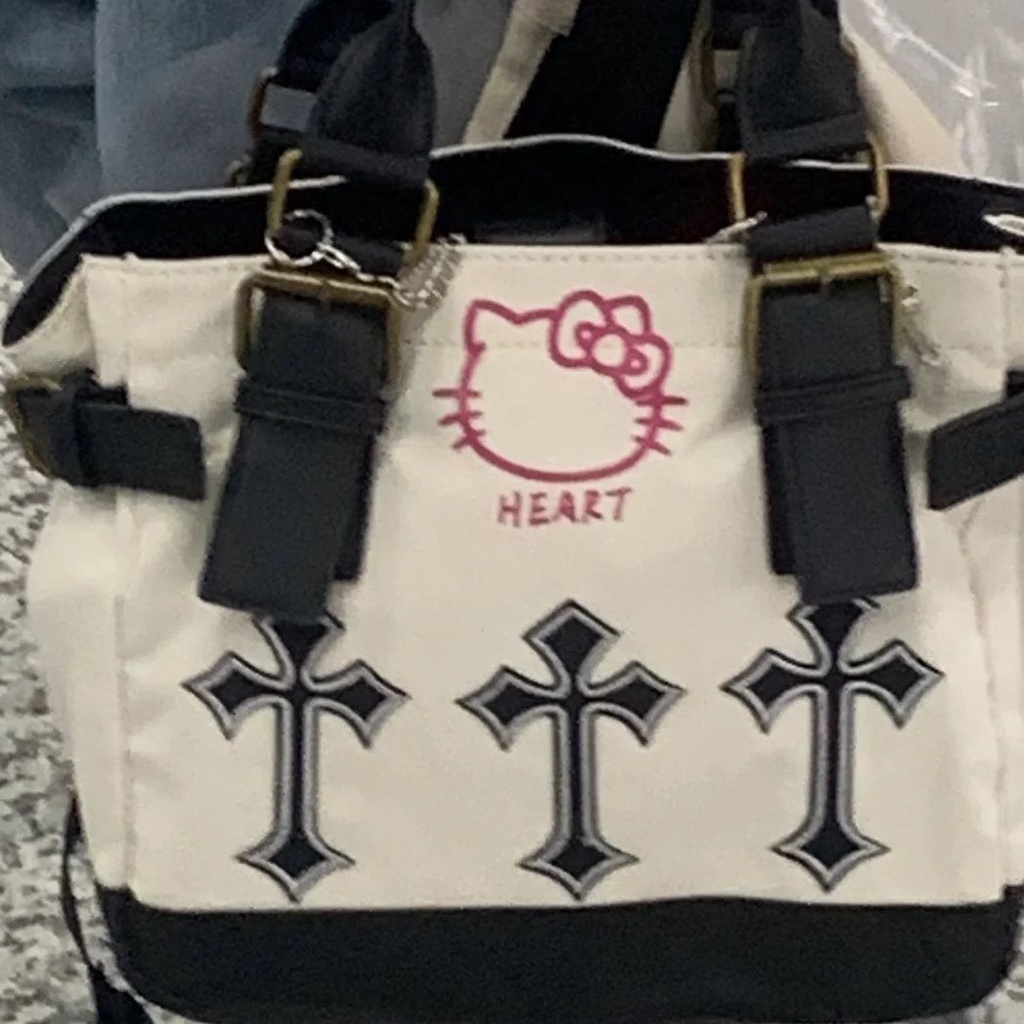 ☄❉◙Sera kaka buatan sendiri HelloKitty retro Harajuku cross tote bag Bahan Y2K strip hot girl portable Messenger bag