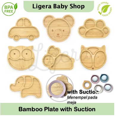 LIGERA Bamboo Suction Plate Piring Makan Anak Bayi Silikon Bear Rabbit Bunny Owl BPA FREE MPASI