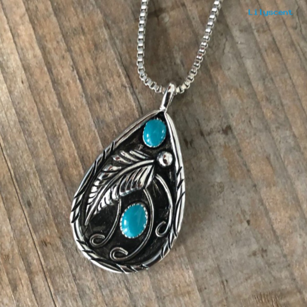 [LS] Vintage Unisex Kalung Alloy Kalung Turquoises Stone Leaf Water Drop Pendant Necklace Untuk Hadiah