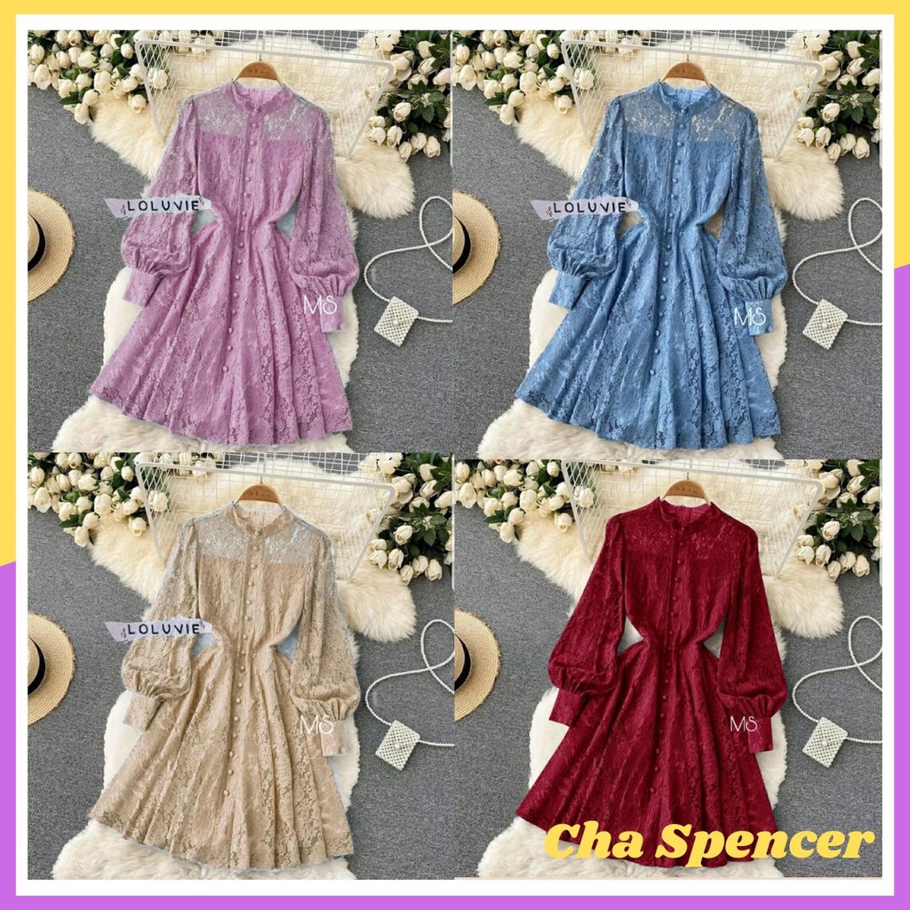 Baju Dress Brukat Lengan Balon Pesta Natal Imlek Trend Kekinian Pakaian Wanita Dewasa Mewah Elegan A