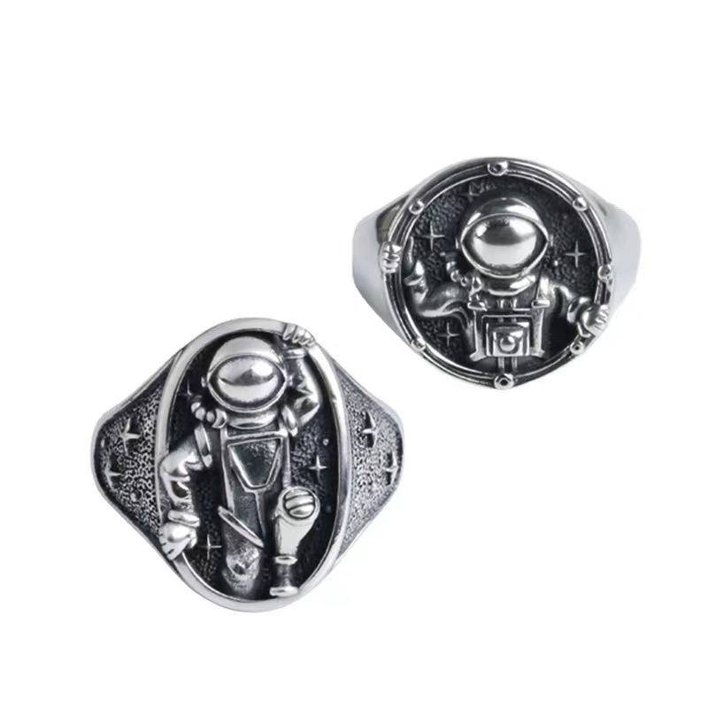 Retro Astronot Bulan Cincin Pria Trendi Hip Hop Pembukaan Cincin Pasangan Yang Dapat Disesuaikan