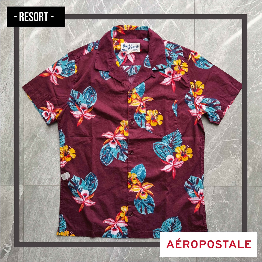 Kemeja Pria AEROPOSTALE Lengan Pendek Bunga Maroon Resort ORIGINAL