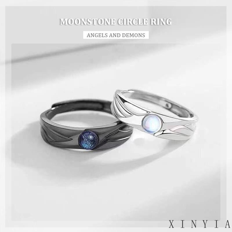 【Bayar di tempat】Cincin Metal Cincin Hitam Putih Moon Shaped Sintetis Moonstone Cincin Fashion Pasangan Yang Dapat Disesuaikan