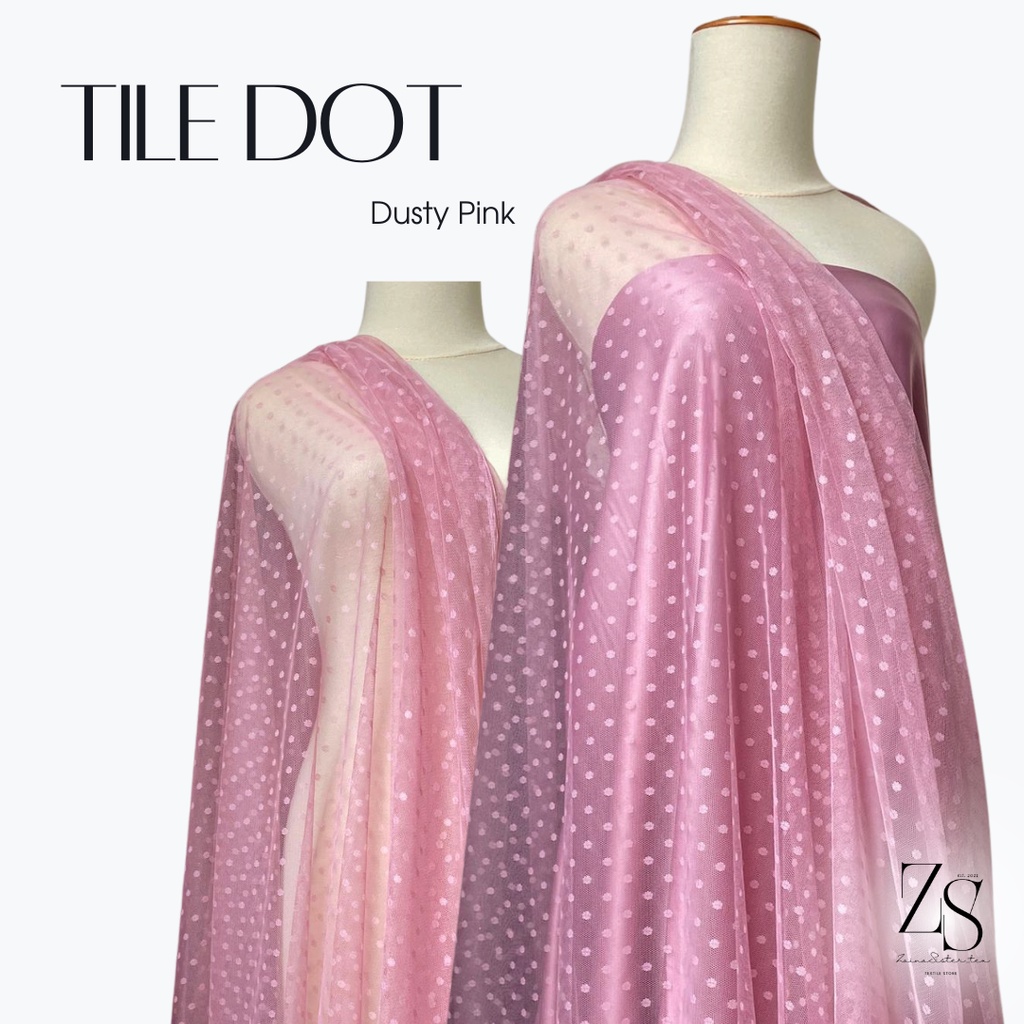 Bahan Kain Tile Tille Tule Tulle Dot Dotty Warna Dusty Pink Merah Muda