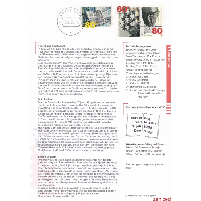 

A332 Prangko Info Page Belanda 1998 The National Library 1 Pcs