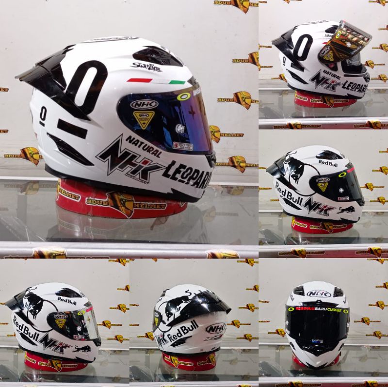 Helm full face NHK rx9 solid white modip stiker leopard/red bull