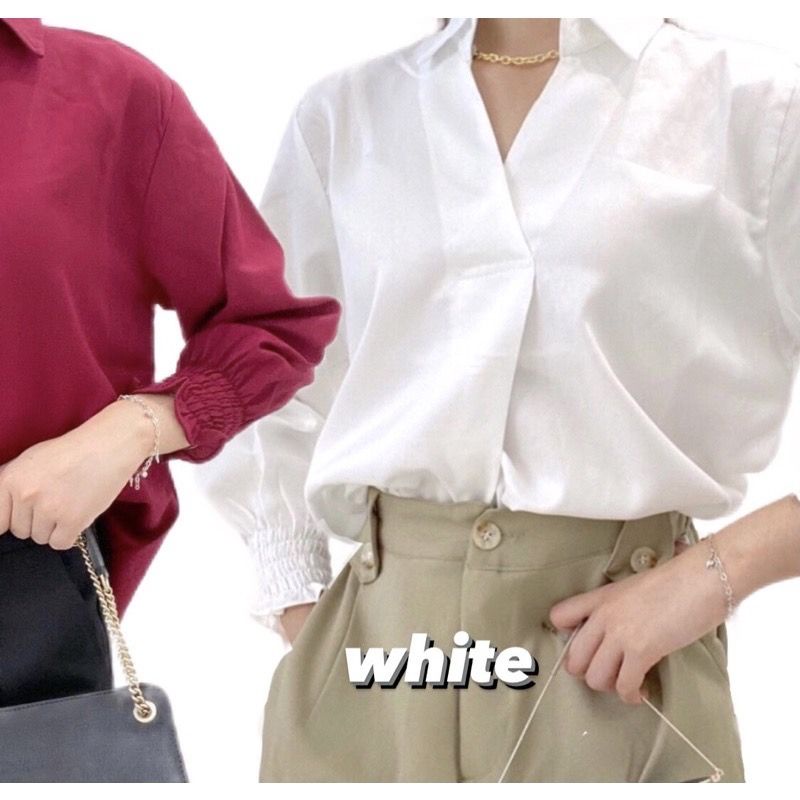 KARA V-Neck Blouse with Collar / Atasan Wanita Kantor Casual Lengan Karet