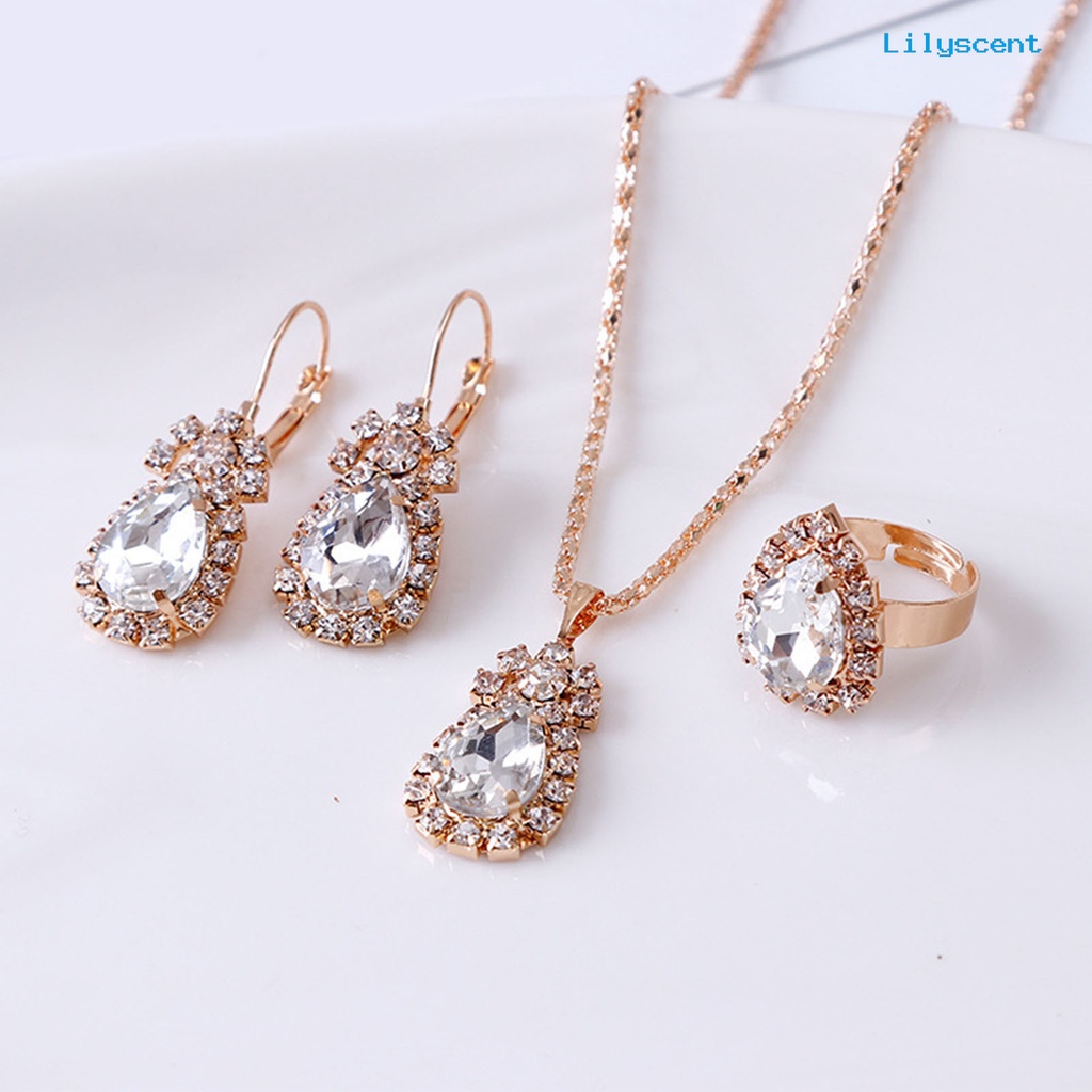 [LS] 3pcs/set Ladies Pendant Necklace Bentuk Tetesan Air Aksesori Tahan Aus Elegan Kalung Menjuntai Anting Cincin Set Untuk Pernikahan