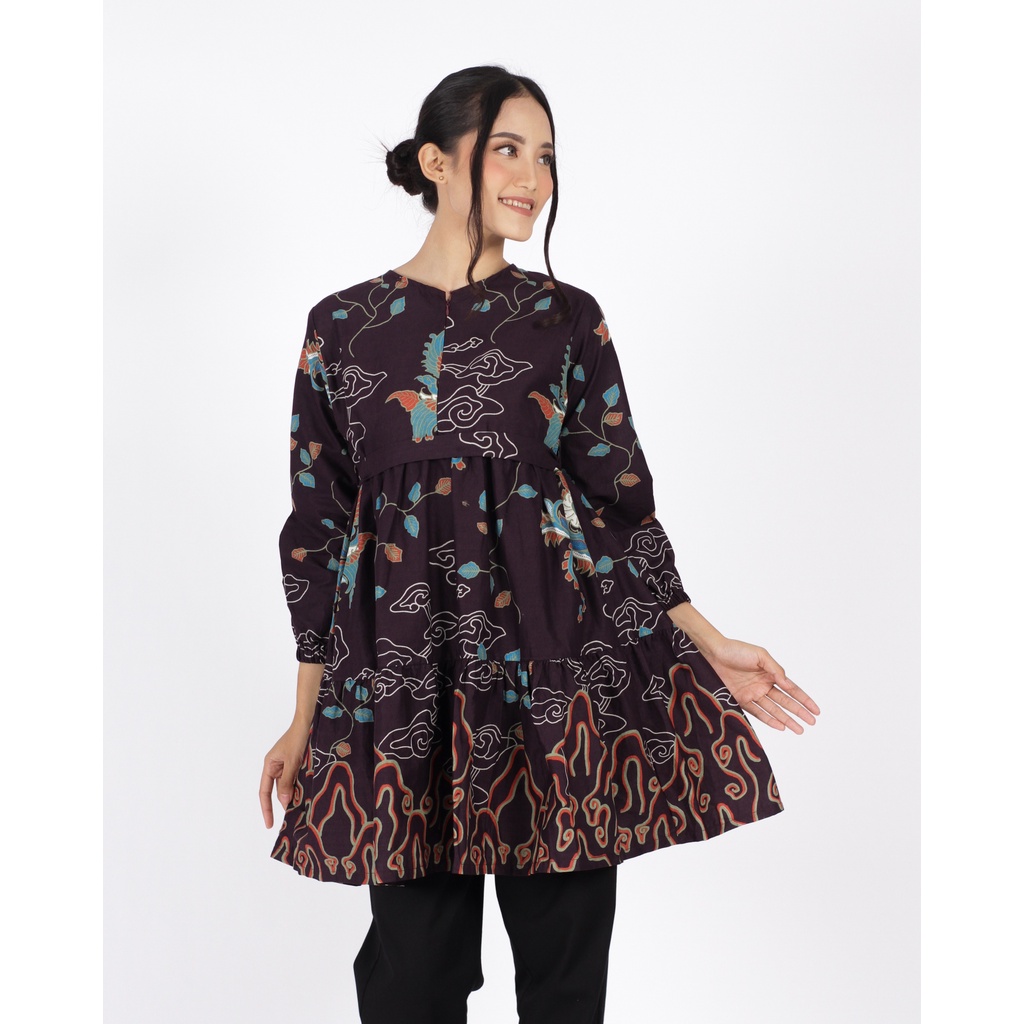 BATIK TRUSMI Atasan Wanita Tunik Batik Jumbo Mega Mendung Gunungan Kombinasi Ungu