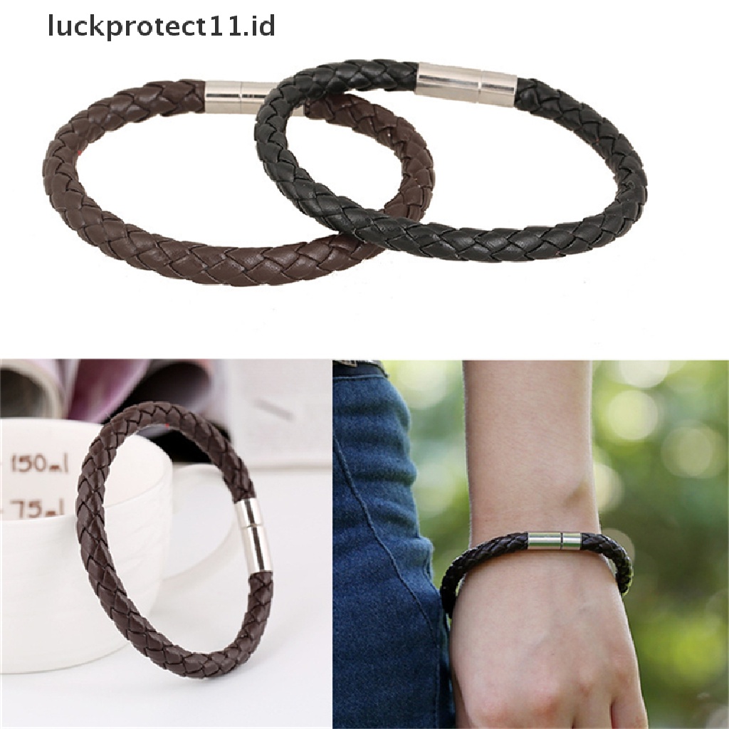 /Fashion Hot// Fashion// Wanita Pria Hitam Kulit Charm Gelang Stainless Steel Gelang Gesper Magnet.