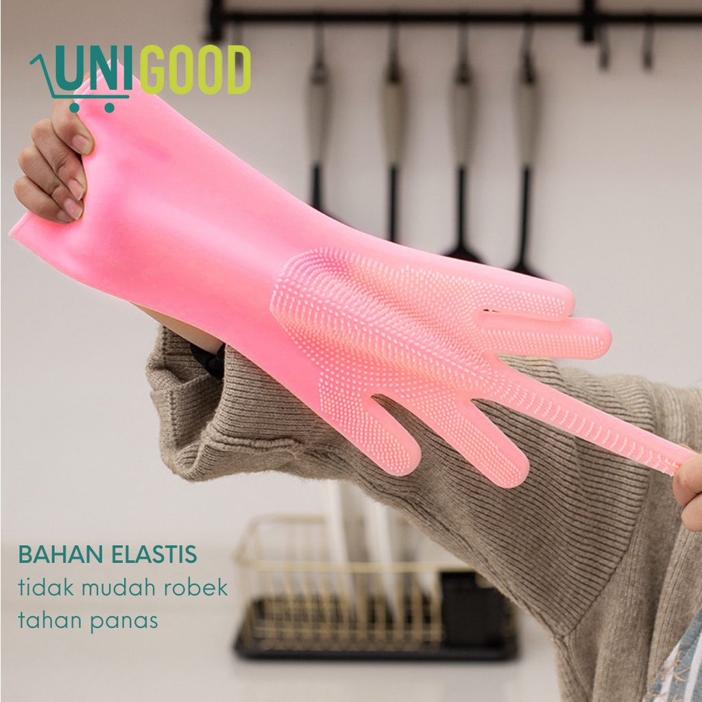 UNIGOOD - Sarung Tangan Cuci Piring Silikon Tebal 2 in 1 dengan Bulu Sikat