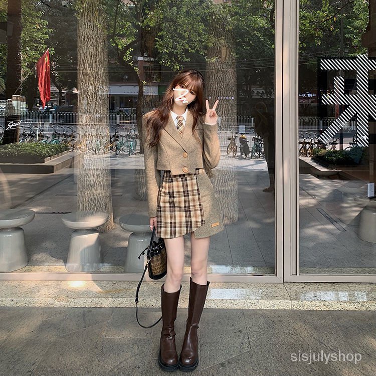 Setelan pakaian gaya kuliah tipis wanita lengan panjang