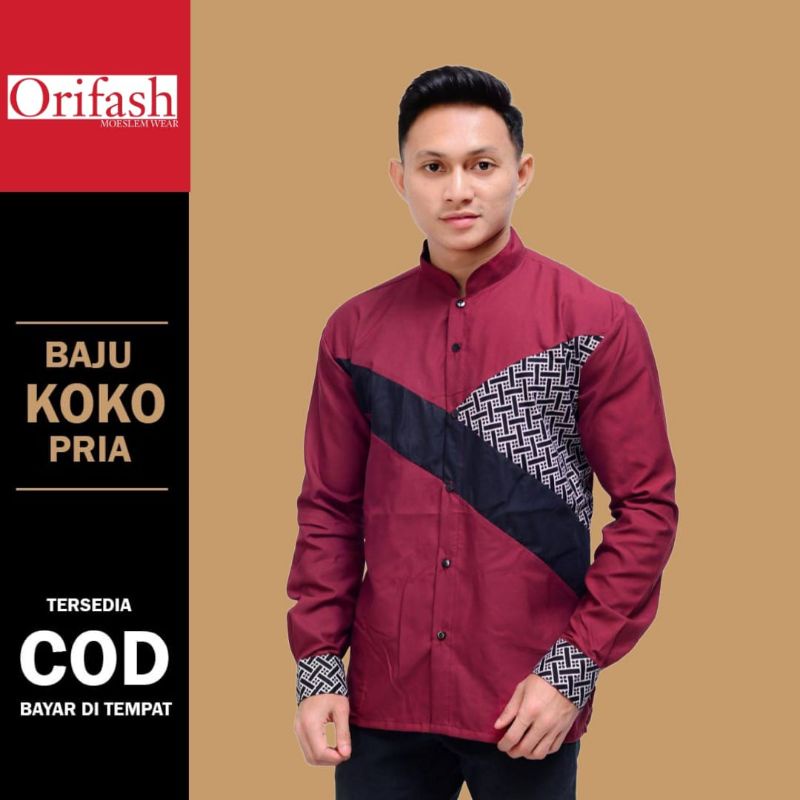 Baju muslim pria lengan panjang kombinasi batik koko pria terbaru material catton halus tebal size M L XL