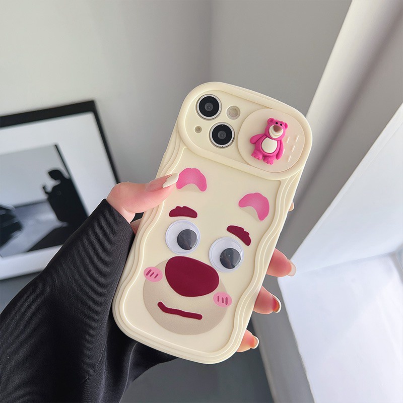 Cute Strawberry Bear Doll Push The Window Cover Soft Case iP iPhone 11 12 13 14 Pro Max + Plus Wavy Casing Apple