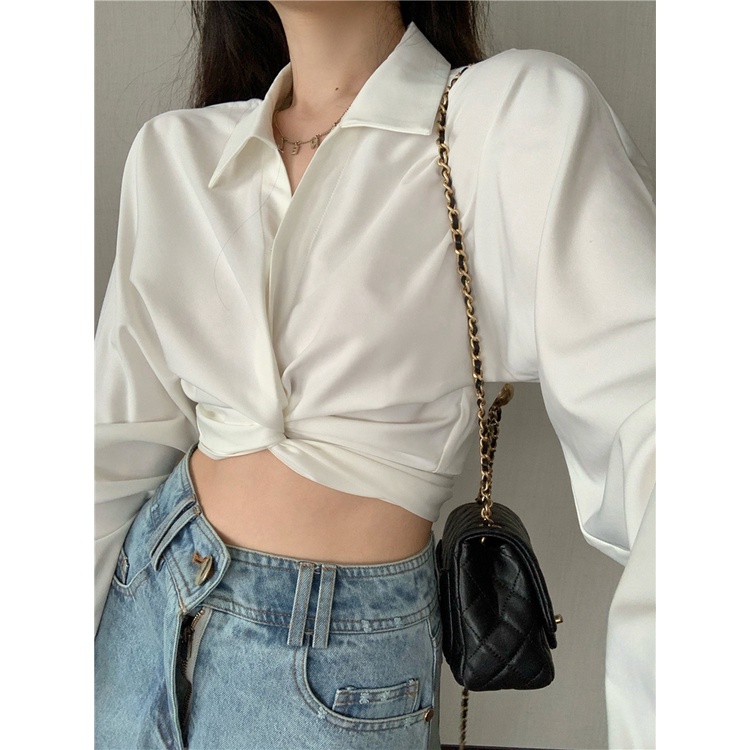 Wrap Top Putih Kemeja Lengan Panjang Wanita Terbaru Korean Style Blouse Crop