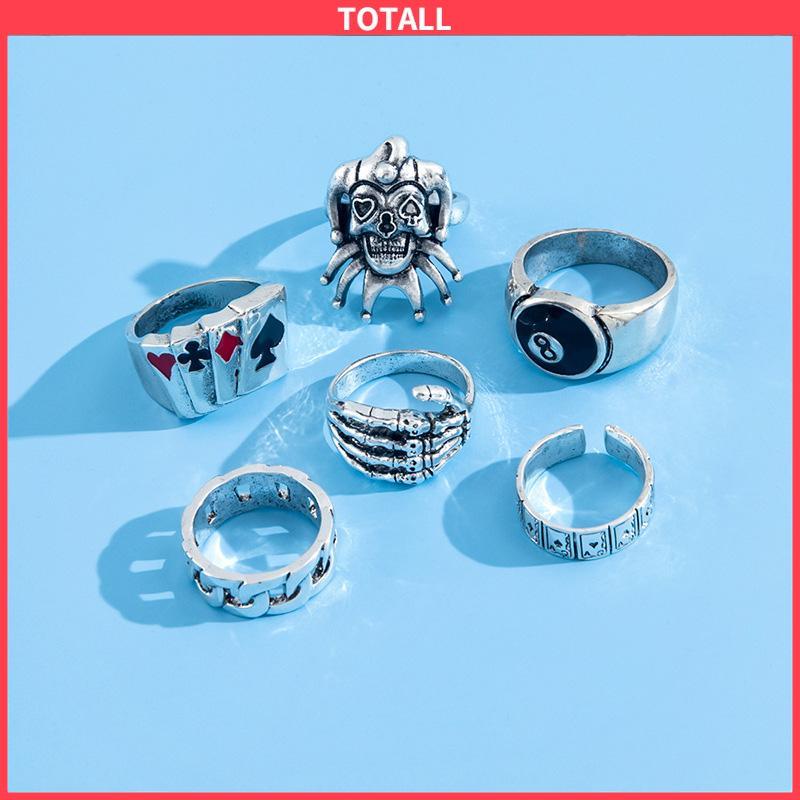 COD 6PCS/Set Cincin Unisex  Punk Membesar-besarkan  Badut Poker Cakar Hantu Tengkorak  Perhiasan Bulat Nomor 8-Totall