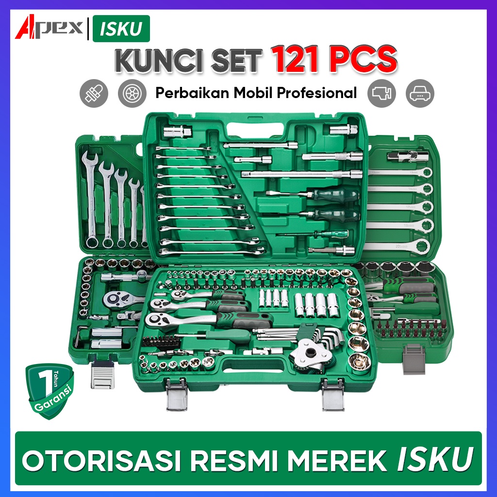 ISKU kunci shock set lengkap Kombinasi 121pcs 72 gigi kunci pas ratchet 1/2 1/4 3/8 kunci torsi/mata sok set/Ring Pas Set /toolkit set/kunci filter oli l