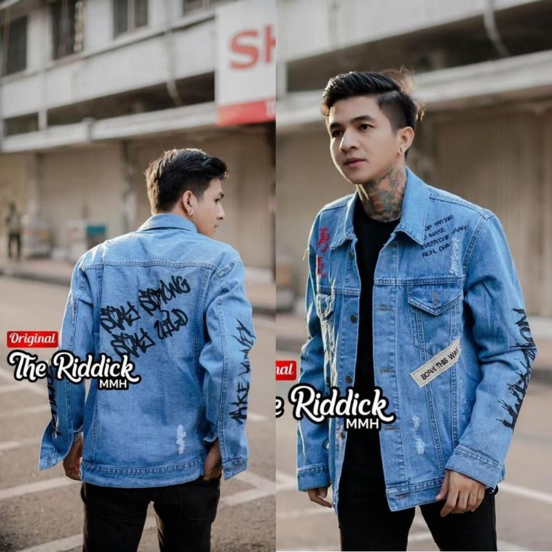 Jaket Denim Sobek Oversize Pria Wanita Distro Street Wear Jaket Jeans Levis Tulisan