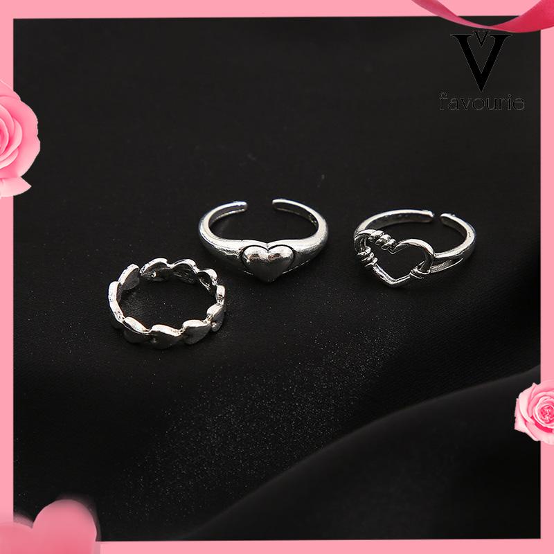 COD3pcs Cincin Model Terbuka Desain Gelombang Hati Warna Silver Gaya Vintage Untuk Wanita-FA
