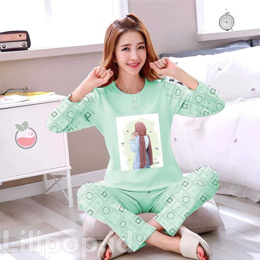 Lilipop.id  Baju Tidur Wanita hijab Celana Panjang PP Allsize Lengan Panjang Baby Doll Bahan Kaos Dewasa